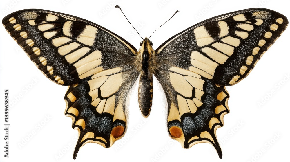 Obraz premium Detailed image of swallowtail butterfly with symmetrical wing patterns.