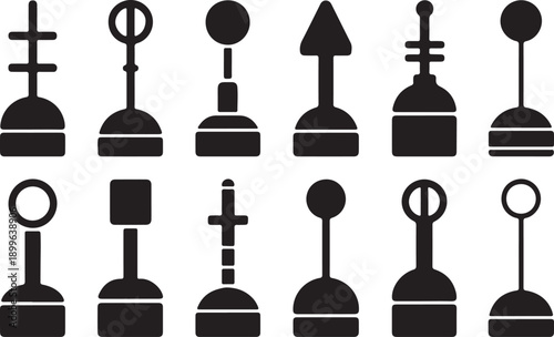 Collection of 12 unique black shovel icons on white background