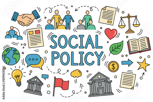 Diverse group discussing social policy with symbols of justice and communication