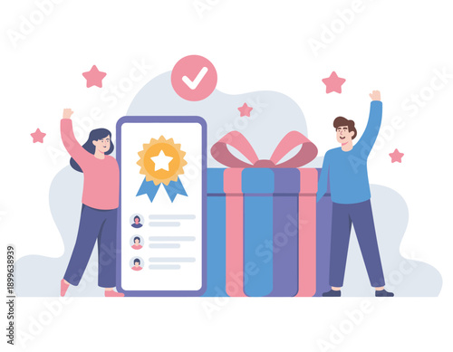 Positive review, reward customer feedback, flat illustration style, five stars rating, satisfaction concept, user experience, loyalty, service quality, vector design
