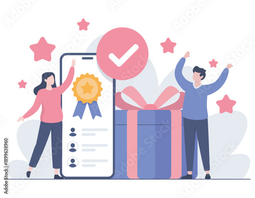 Positive review, customer reward illustration, flat style, five star rating, user feedback, satisfaction concept, loyalty program, service quality, vector graphic