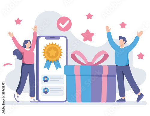 Positive review, reward customer feedback, flat illustration style, five stars rating, satisfaction concept, user experience, loyalty, service quality, vector design