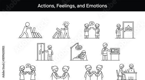 Actions feelings emotions outline icon set, human interaction communication work medical scenes, daily activities symbols, line vector illustration