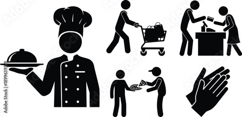Illustrations of various food service and hygiene activities