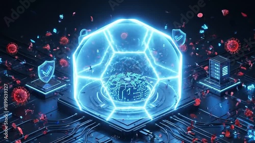 Animated video of AI shield neutralizing cyber attacks and viruses. Visualizing automated network security, real-time threat detection, digital safety protection, and autonomous cyber defense system.