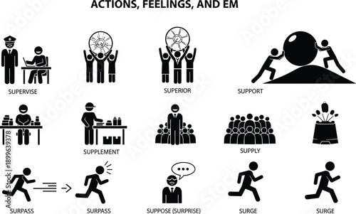 Actions feelings emotions icon set, business teamwork support supervision supply surge concepts, human activity pictograms, flat vector illustration