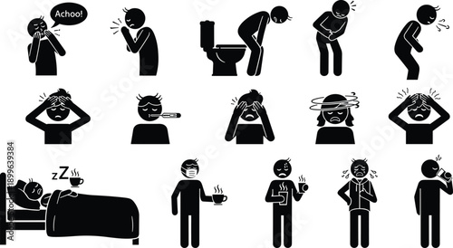 Actions feelings emotions icon set, sickness pain tiredness daily human reactions, health symptoms behavior symbols, black silhouette vector illustration