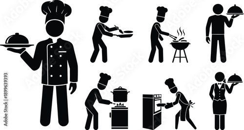 Diverse chefs and cooks preparing various dishes and using different cooking techniques