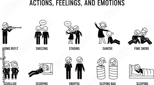 Actions, feelings, and emotions icons set, human behavior stickers, sleeping, dancing, snuggling, people communication, social life, cad drawing flat vector illustration