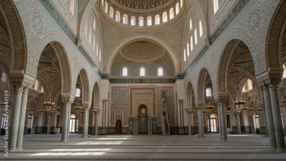 Fototapeta premium Stunning interior of a grand, ornate mosque with intricate designs.