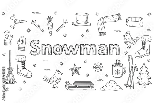 Winter doodle illustration with snowman, snowflakes, and winter accessories