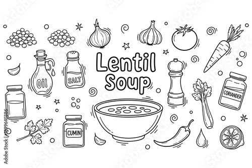 Lentil soup ingredients: spices, vegetables, and cooking essentials illustrated
