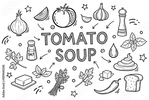 Tomato soup ingredients: onion, garlic, herbs, and more illustrated in black and white