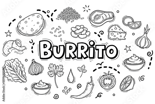 Burrito ingredients: beans, cheese, rice, cilantro, spices, avocado, tomato, lime