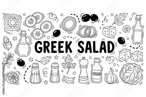 Greek salad ingredients: fresh vegetables, olives, feta cheese, olive oil, herbs, spices