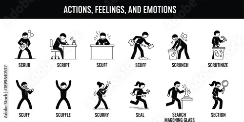 Black and White Stick Figure Icons Depicting Human Actions Including Scrub Script Scuff Scrunch Scrutinize Scurry Seal Survey Suspend Swab Swallow Swap