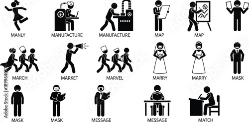 Actions feelings emotions icon set, manly manufacture map market marry message match concepts, human activity behavior symbols, flat vector illustration