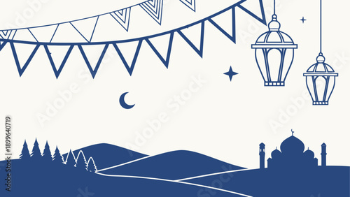 Minimalist eid celebration with moon, stars, and lanterns
