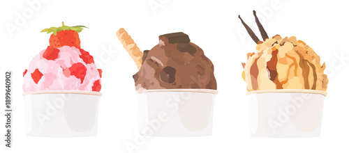 Vector hand drawn illustration set of cartoon ice cream scoops in white paper cups of chocolate, strawberry, and caramel flavours isolated on white background. Perfect for menu, packaging and design.