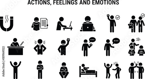 Actions, feelings, emotions, human silhouette icons, vector illustration, pictogram set, communication, teamwork, stress, celebration, reading, writing, sleeping, handshake, parenting, friendship, sup