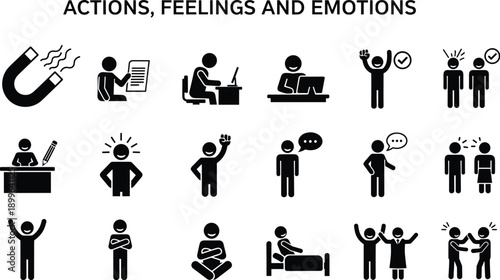 Actions, feelings, and emotions icons set, human behavior stickers, sleeping, dancing, shouting, drinking, people communication, social life, office success, cad drawing flat vector illustration