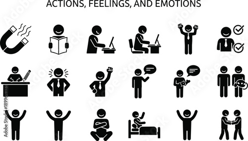 Actions, feelings, emotions, human silhouette icons, vector illustration, pictogram set, communication, teamwork, stress, celebration, reading, writing, sleeping, handshake, presentation, attraction, 