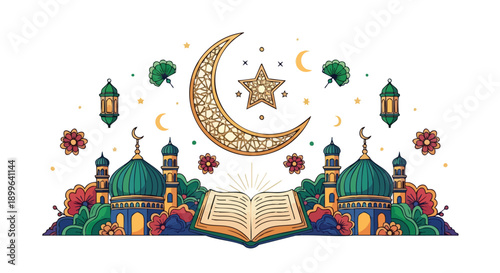 Illustration of an open book with a Ramadan mosque silhouette, crescent moon, and lanterns on a white background, conveying a peaceful and festive atmosphere.