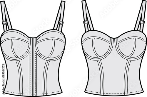corset bustier top flat sketch, womens lingerie apparel design, fashion cad drawing, flat vector illustration, technical clothing artwork