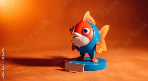 A vibrant figurine of a cartoon fish with orange and blue hues