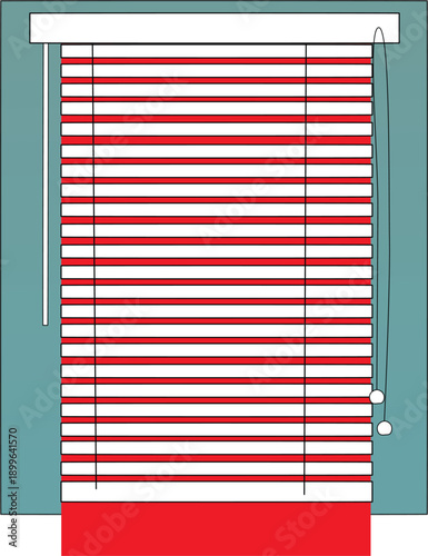 Modern window blinds closed horizontal teal slats with red bottom bar home interior element isolated on white suitable for decoration office house privacy curtain vector illustration clipart.