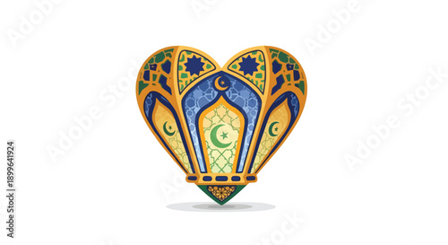 A colorful, ornate heart-shaped lantern with Ramadan crescent moon design against a clean white background, conveying a festive and celebratory mood with vibrant yellow, blue, and green