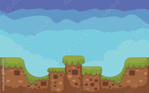 Platformer game level, ground, grass, background, each element is assembled separately like a construction set