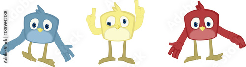 Three cute colorful monster characters blue yellow red jumping happy cartoon creatures isolated on white ideal for fun kids toy mascot group illustration vector clipart sticker designs.