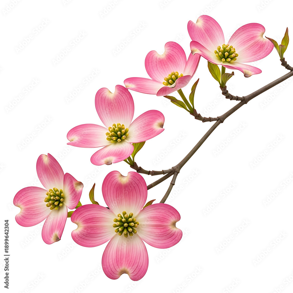 Obraz premium A delicate branch of pink dogwood flowers in full bloom against a white background isolated on white background