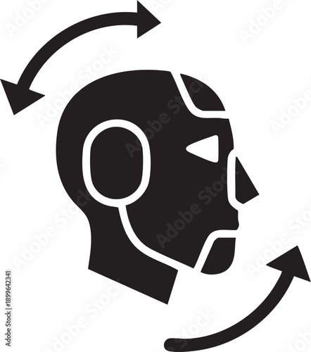 Robot head with rotation arrows, artificial intelligence and human interaction concept, isolated on white background.