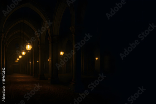 Wallpaper Mural A dimly lit hallway with arches and columns illuminated by warm lanterns Torontodigital.ca