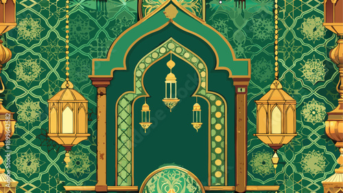 Vintage indian temple gate with ornate designs and lanterns