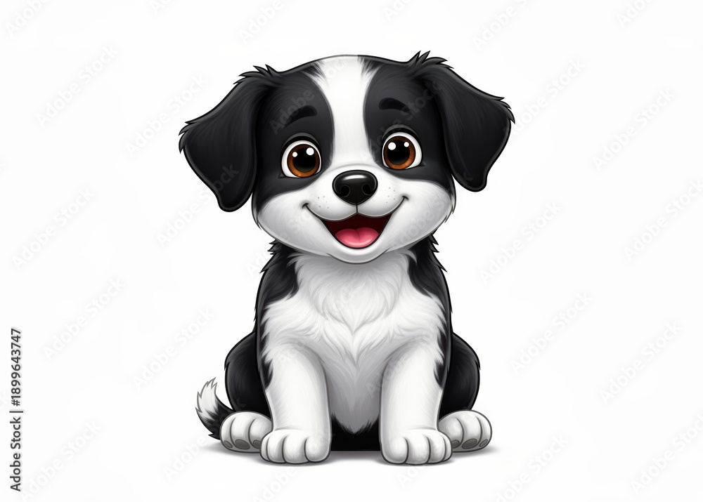 Fototapeta premium Happy black and white cartoon puppy sitting upright, smiling with pink tongue, fluffy chest, cute illustration for kids, joy and friendship