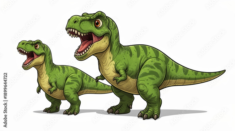 Obraz premium Playful Green and Yellow Tyrannosaurus Twins Roaring Together on White Background, Symbolizing Joyful Creativity and Childlike Imagination