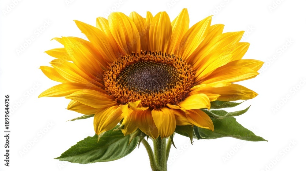 Fototapeta premium Vibrant sunflower blooming against white background.