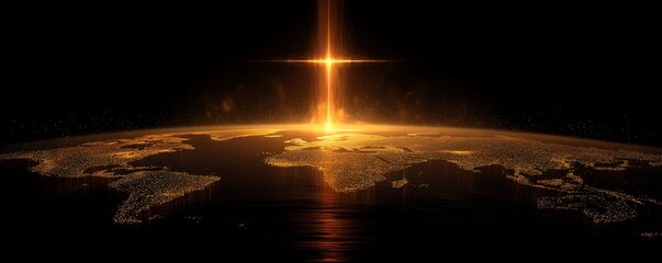Golden cross light beam rising from digital global map representation of city lights against dark night sky, concept for spiritual media, global broadcasting and inspirational advertising campaigns