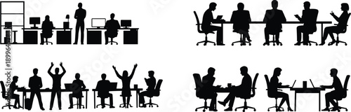 Business office people silhouettes in different meeting and work scenes, teamwork, discussion, collaboration, workplace communication, corporate activity concept set