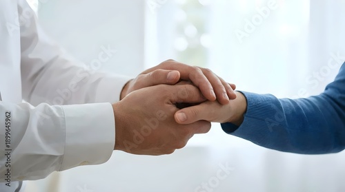 Close up of two people holding hands in a supportive gesture with a blurred white background