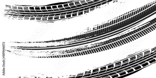 Tire track. Car, bike, motorcycle tyre mark with grunge effect isolated on white background. Wheel footprint on the road. Top view of rubber protector mark