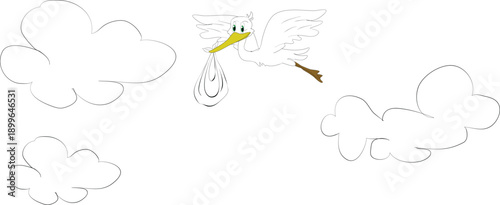 White stork bird flying carrying baby bundle in beak clouds sky background cartoon delivery myth isolated on white perfect for birth newborn family folklore illustration vector clipart baby themes.