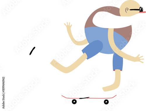 Funny cartoon old man long beard blue shorts skateboarding action pose dynamic elderly character isolated on white great for humor age defy sport fun illustration vector clipart.