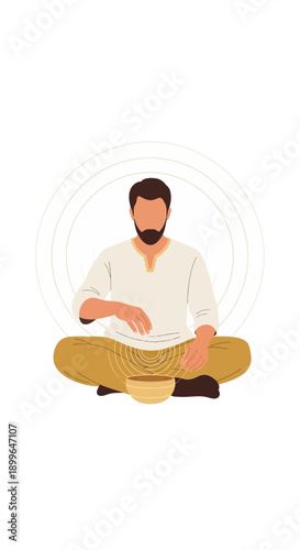 Calm Man Meditating With Bowl Peaceful Spiritual Zen State Of Mind