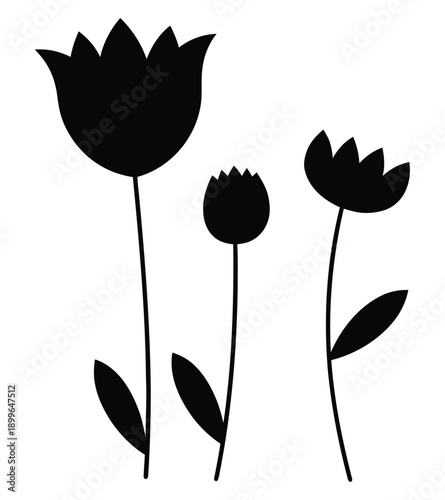 Minimalist tulip trio bouquet with tall stems and leaf accents vector silhouette, isolated on white background