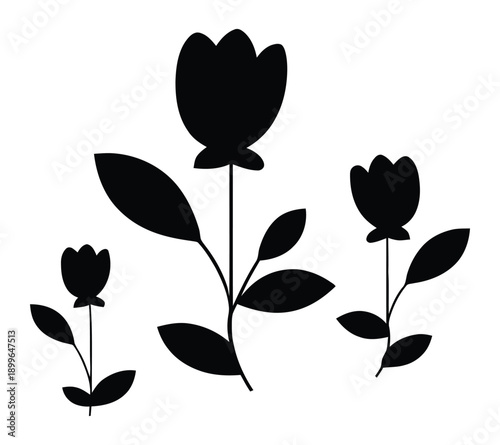 Minimalist tulip flower trio set with organic leaf stems vector silhouette, isolated on white background
