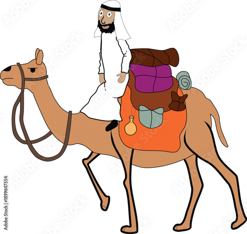 Cartoon arab man in white robe headscarf riding camel with backpack luggage desert travel adventure isolated on white perfect for culture middleeast tourism journey illustration vector clipart.